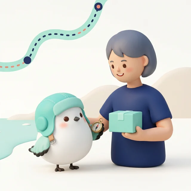 작은 나침반을 든 새 캐릭터 NAVI가 아이디어 상자를 든 메이커 곁에 도착한 장면