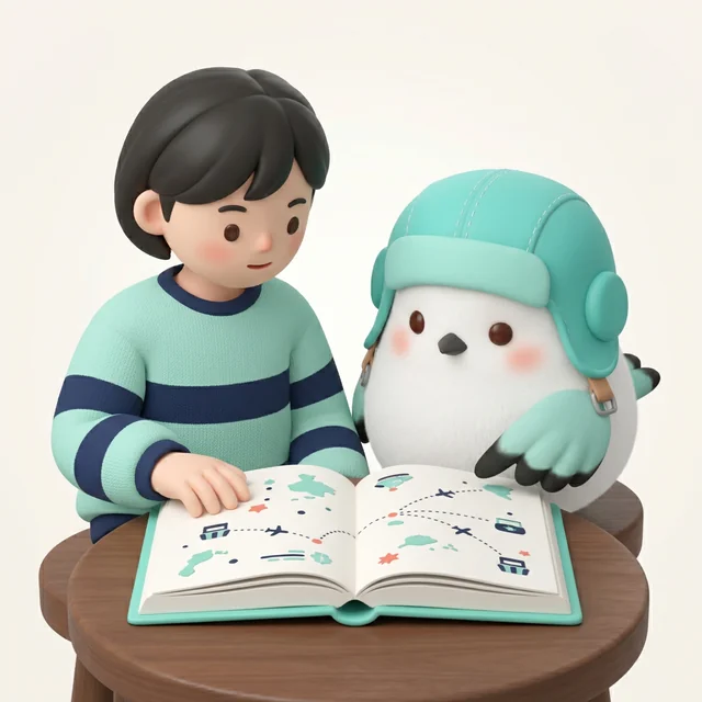 메이커와 새 캐릭터 NAVI가 여행 수첩을 펼쳐 여러 나라로 이어지는 항로를 살펴보는 장면